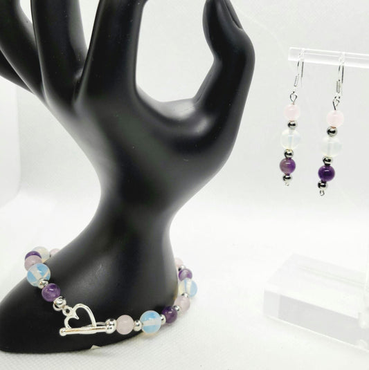 Natural Crystal rose quartz amethyst opalite bracelet & earrings set