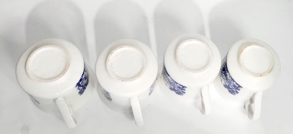 Vintage Set of 4 Blue and White Pastoral Chinoisere Tea Cups, Made in England