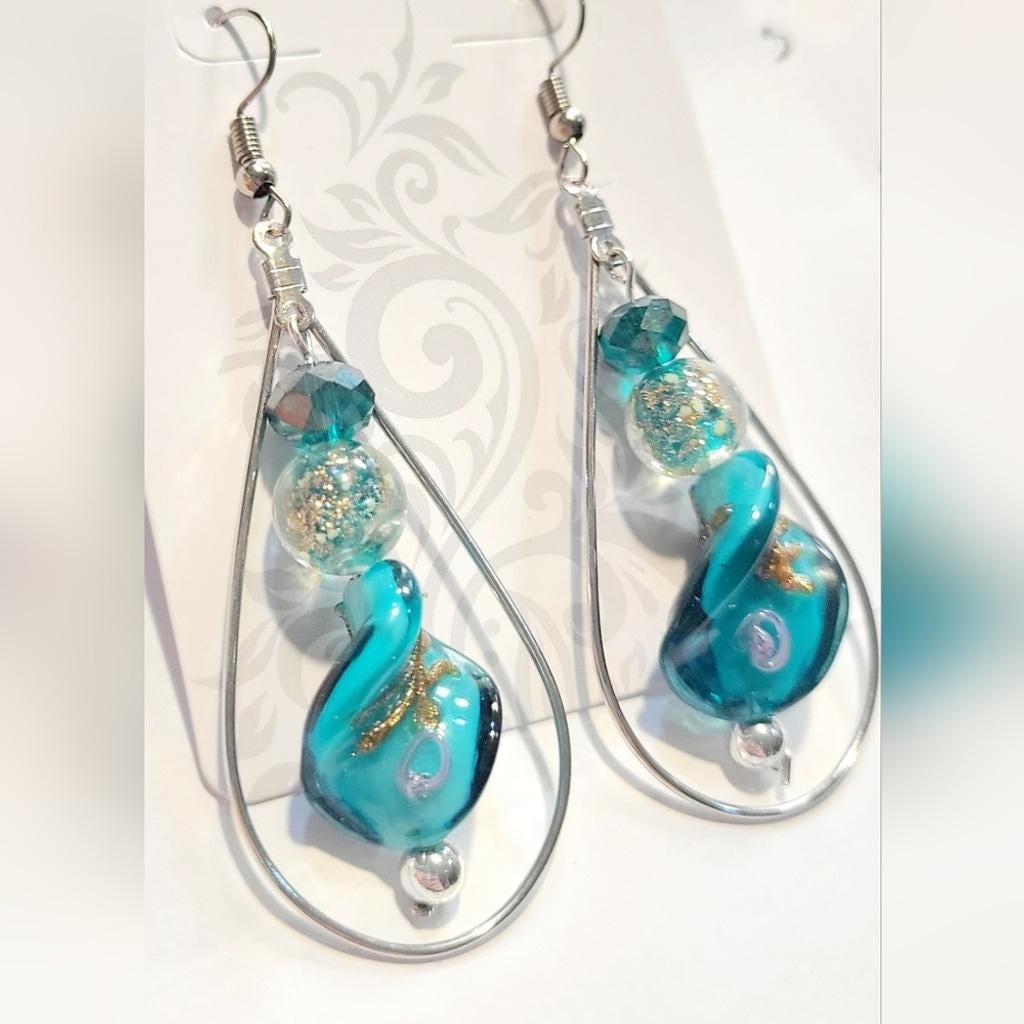 Twisted Teal, Gold, and Silver Drop Dangle Beaded Earrings