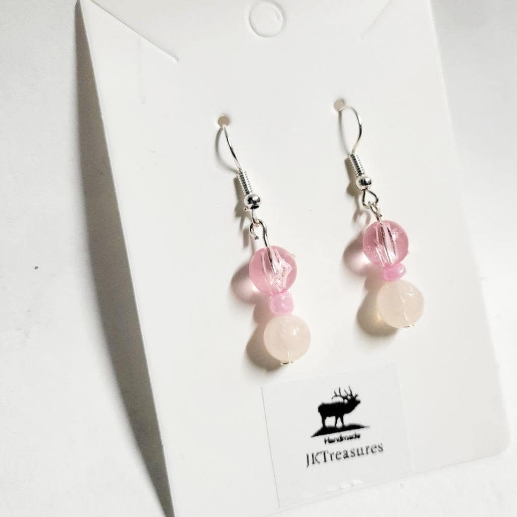 Hand crafted natural rose quartz crystal bead and pink glass bead dangle earrings