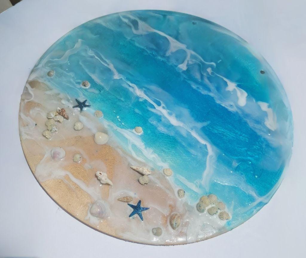 12" Resin Coastal beach ocean nautical scene wood disc