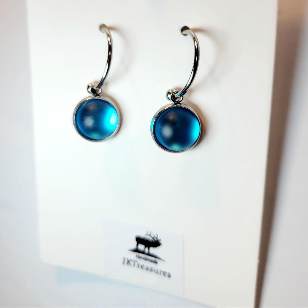 Sea Blue Crystal Sea Glass Rhinestone Dangle Drop Hoop Earrings