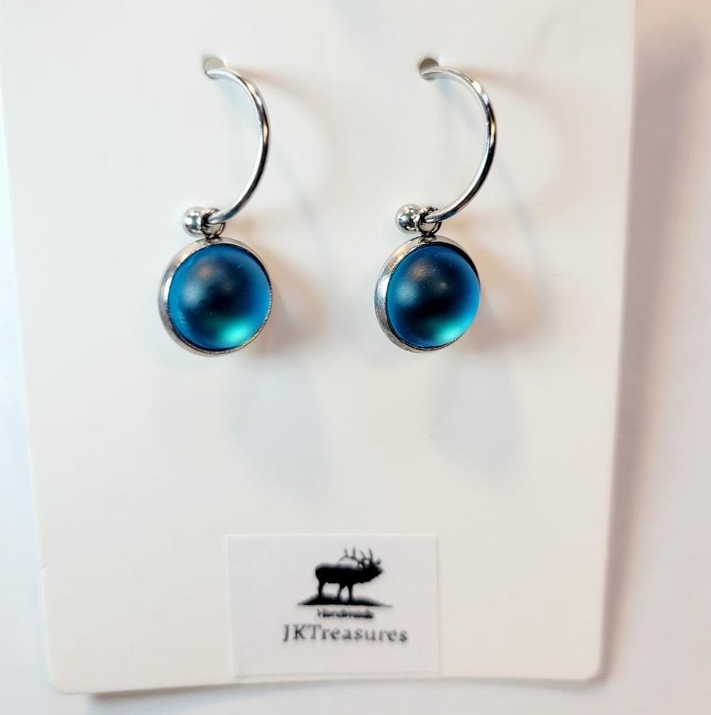 Sea Blue Crystal Sea Glass Rhinestone Dangle Drop Hoop Earrings