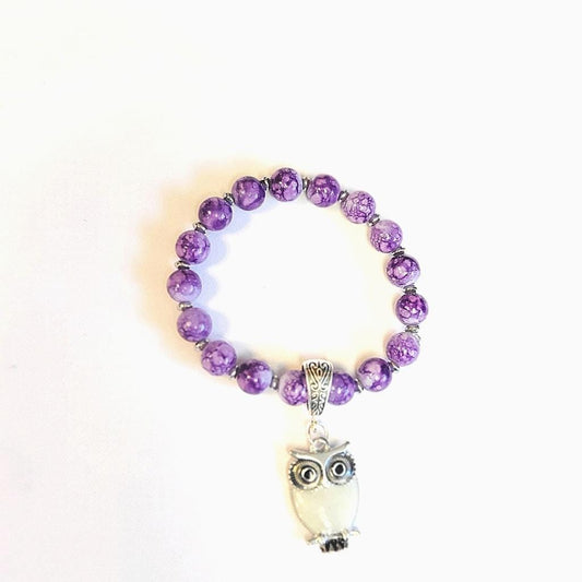 Purple Snowflake Beaded Silver Owl Charm 7" Stretch Bracelet