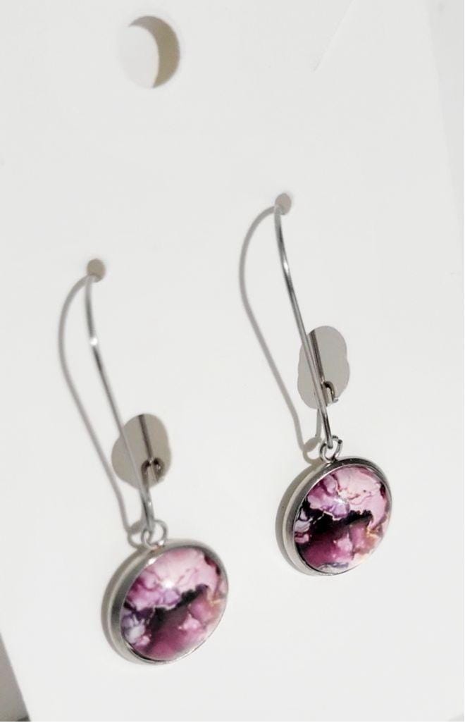Handmade purple watercolor cabochon latch hook dangle drop earrings
