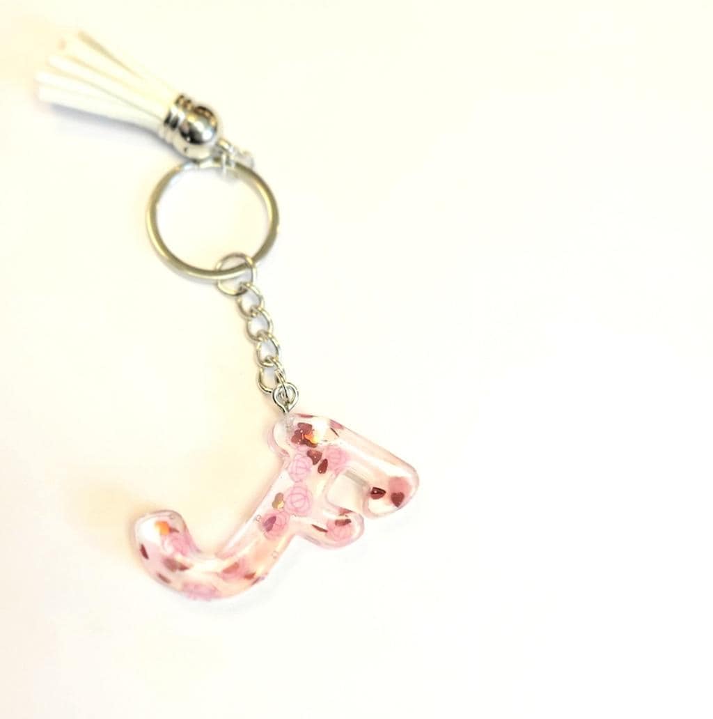 Personalizd 1.5" Resin Letter F Pink Floral & Heart Keychain with Tassel