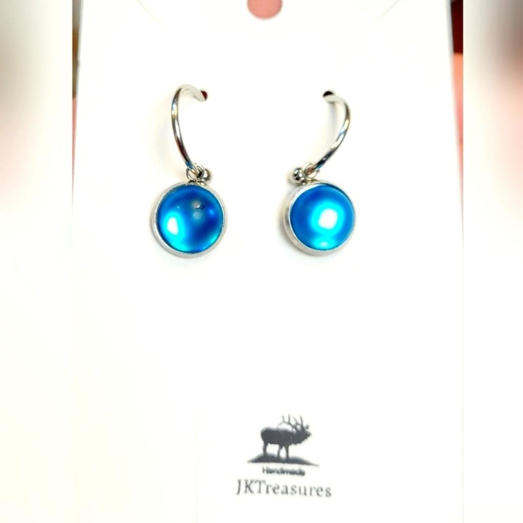 Sea Blue Crystal Sea Glass Rhinestone Dangle Drop Hoop Earrings