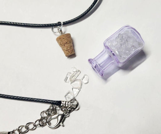 Hand crafted natural clear quartz crystal in mini wish bottle necklace