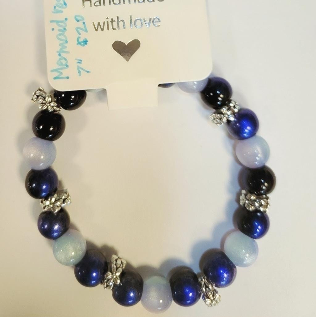 Mermaid Resin & Glass Beaded Silver Flower Spacers 7" Bracelet