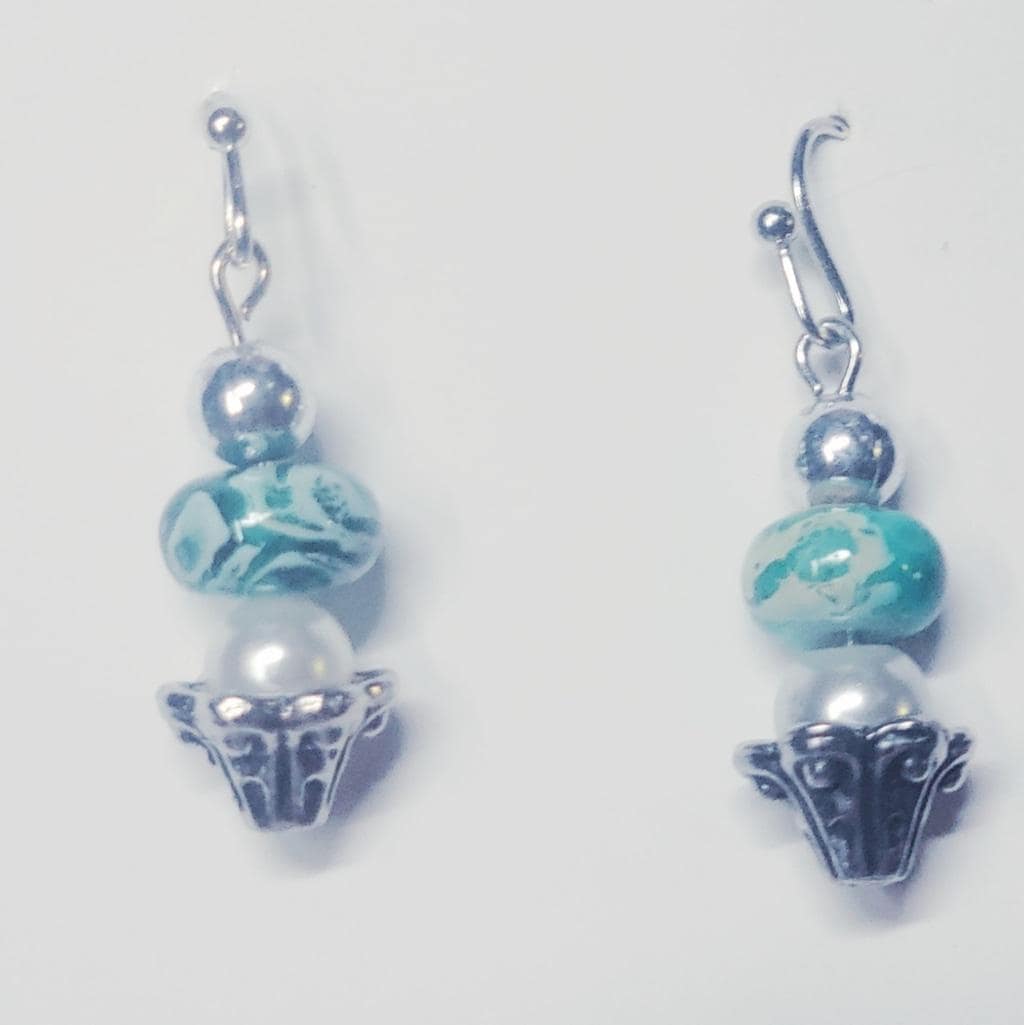 Green Glass Bead Tulip Dangle Earrings