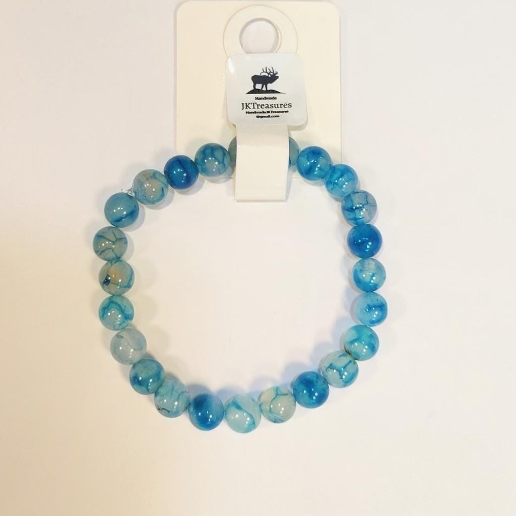 Lake Blue Dragon Agate Beaded Bracelet 8"