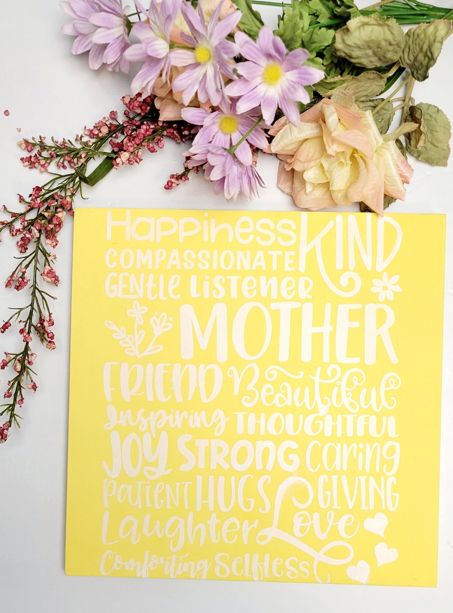 Handpainted Mother's Day Wood Sign: Cheerful Yellow Table Art