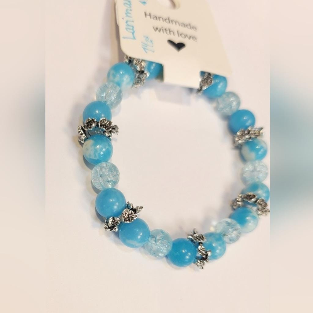 Rare Natural Crystal Larimar Beaded Bracelet 7.5"