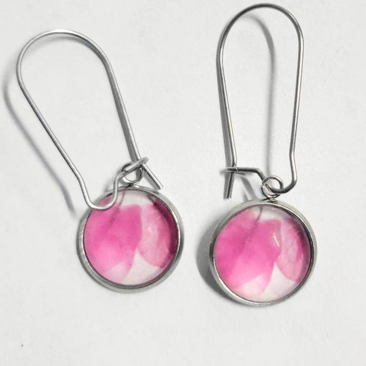 Artisan made pink watercolor leaf latch back drop earrings
