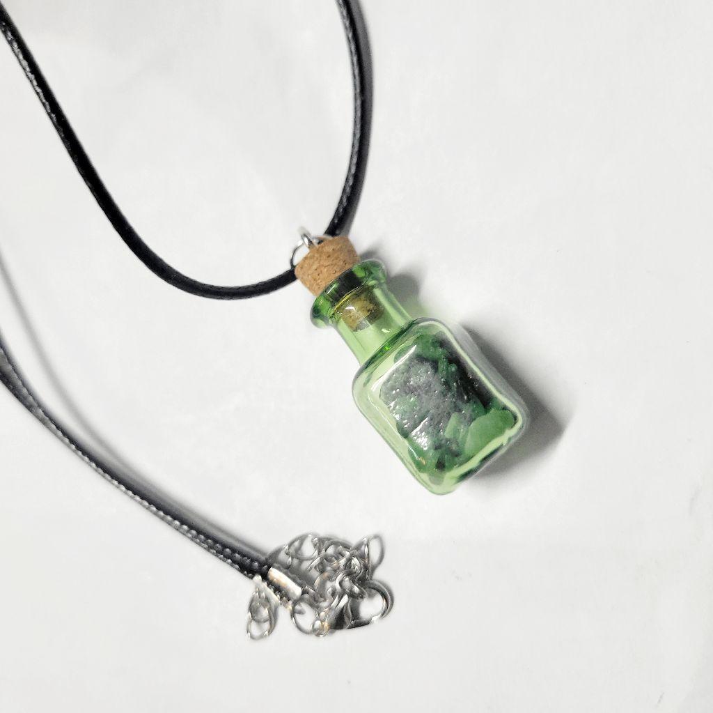 Hand crafted natural Ruby Zoisite crystal mini wish bottle pendant necklace