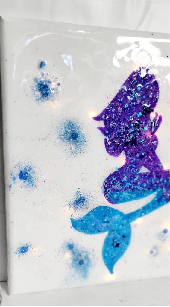 Hand crafted handpainted mermaid abstract glitter and crushed glass resin canvas