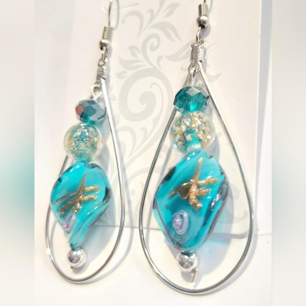 Twisted Teal, Gold, and Silver Drop Dangle Beaded Earrings