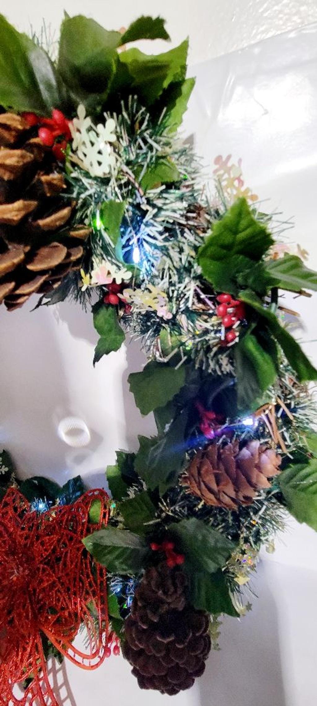 **SOLD** Handcrafted upcycled pre-lit 14" Christmas wreath door hanging wall decor