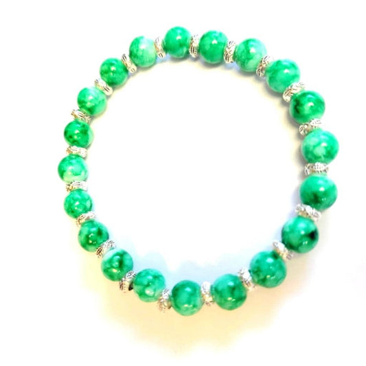 Green Snowflake Beaded with Silver Accent Spacers 8" Stretchy Bracelet