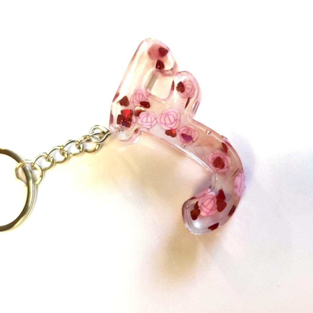 Personalizd 1.5" Resin Letter F Pink Floral & Heart Keychain with Tassel