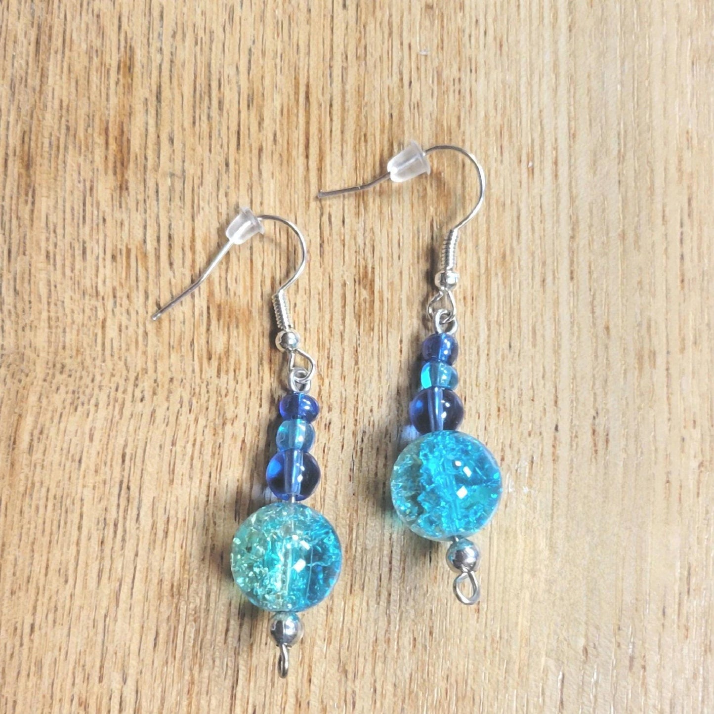 Glass bead dangle hook earrings in blues & greens