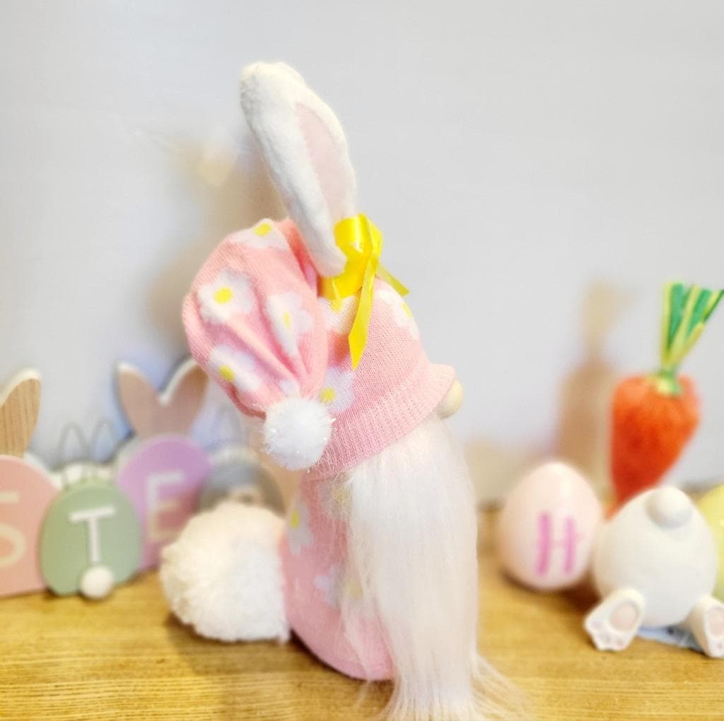 Pink Bunny Spring Gnome with Yellow Bow Decor 11"