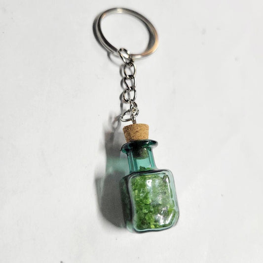Hand crafted natural Olivine crystal mini wish bottle pendant keychain