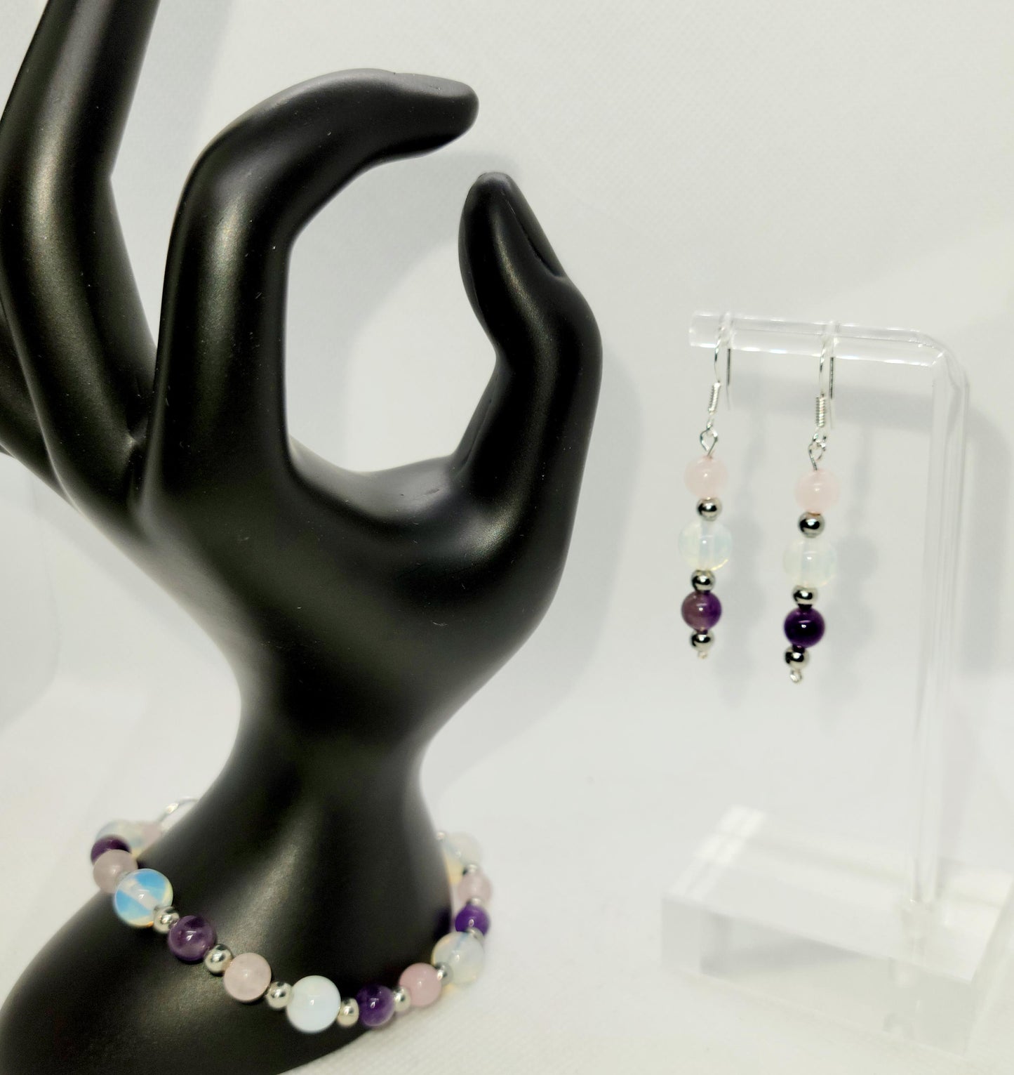 Natural Crystal rose quartz amethyst opalite bracelet & earrings set