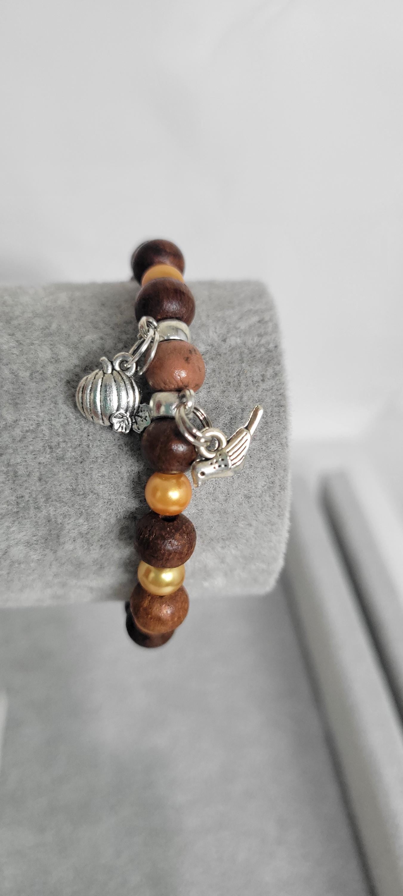 Autumn Fall glass and wood beaded pumpkin and bird charm bracelet