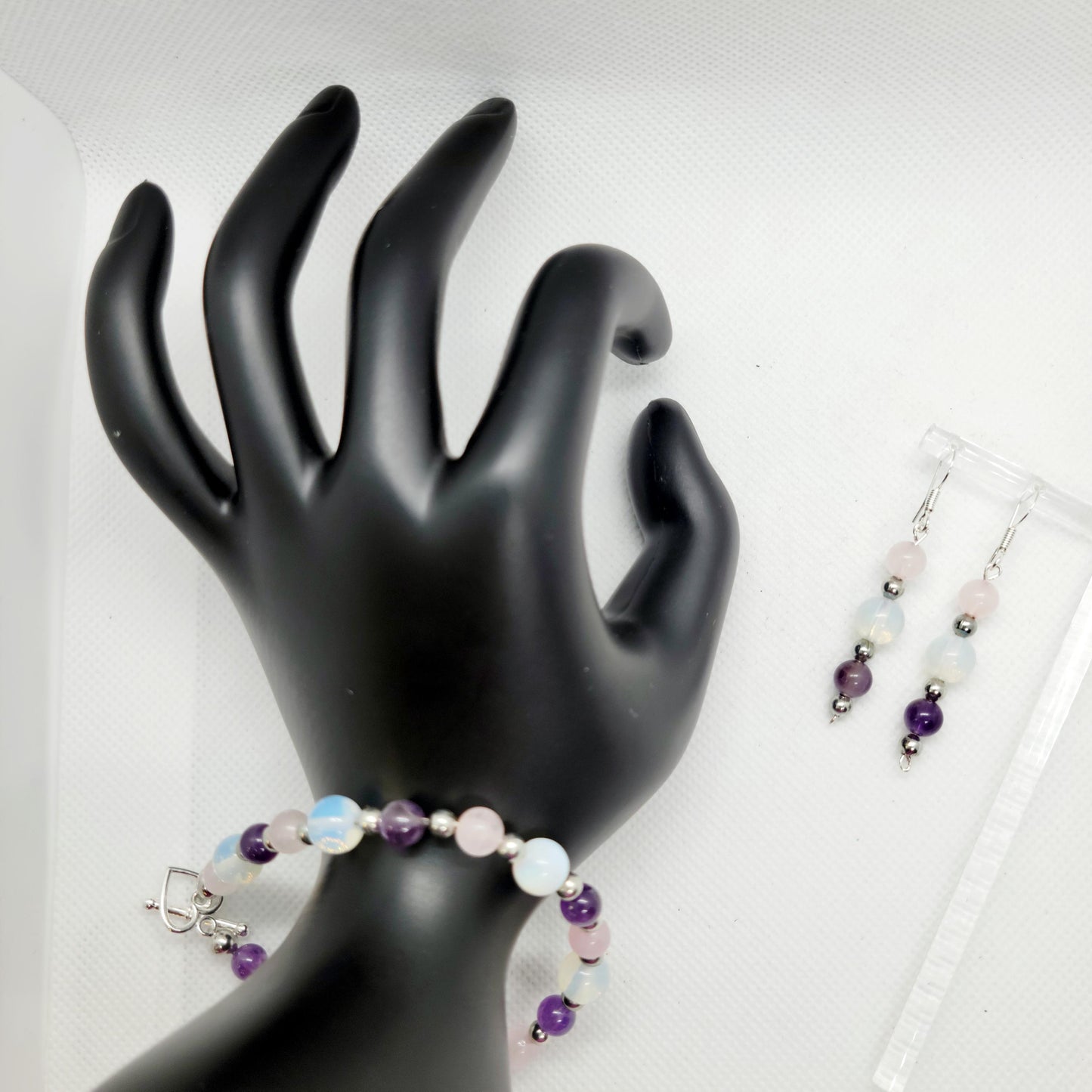 Natural Crystal rose quartz amethyst opalite bracelet & earrings set