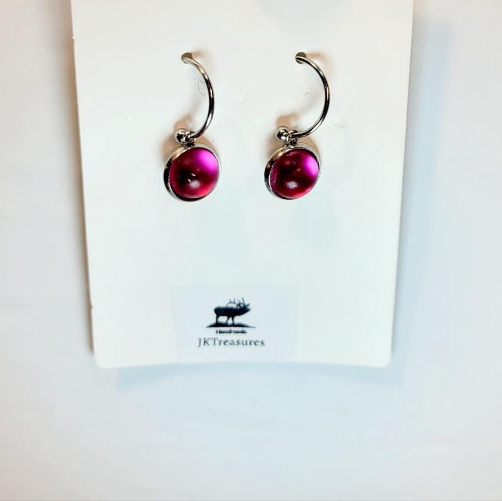 Purple Crystal Sea Glass Rhinestone Dangle Drop Hoop Earrings