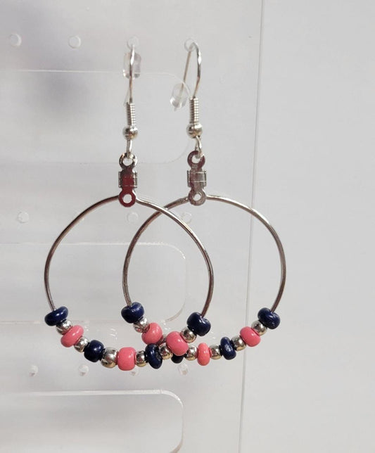 Handmade blue & pink glass bead hoop pierced earrings