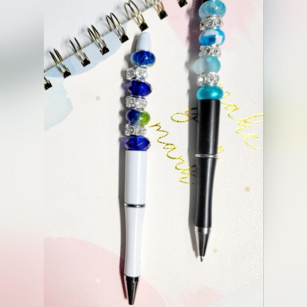 Set of 3x Large Beaded Pens in Black, White, and Gold Hand Crafted