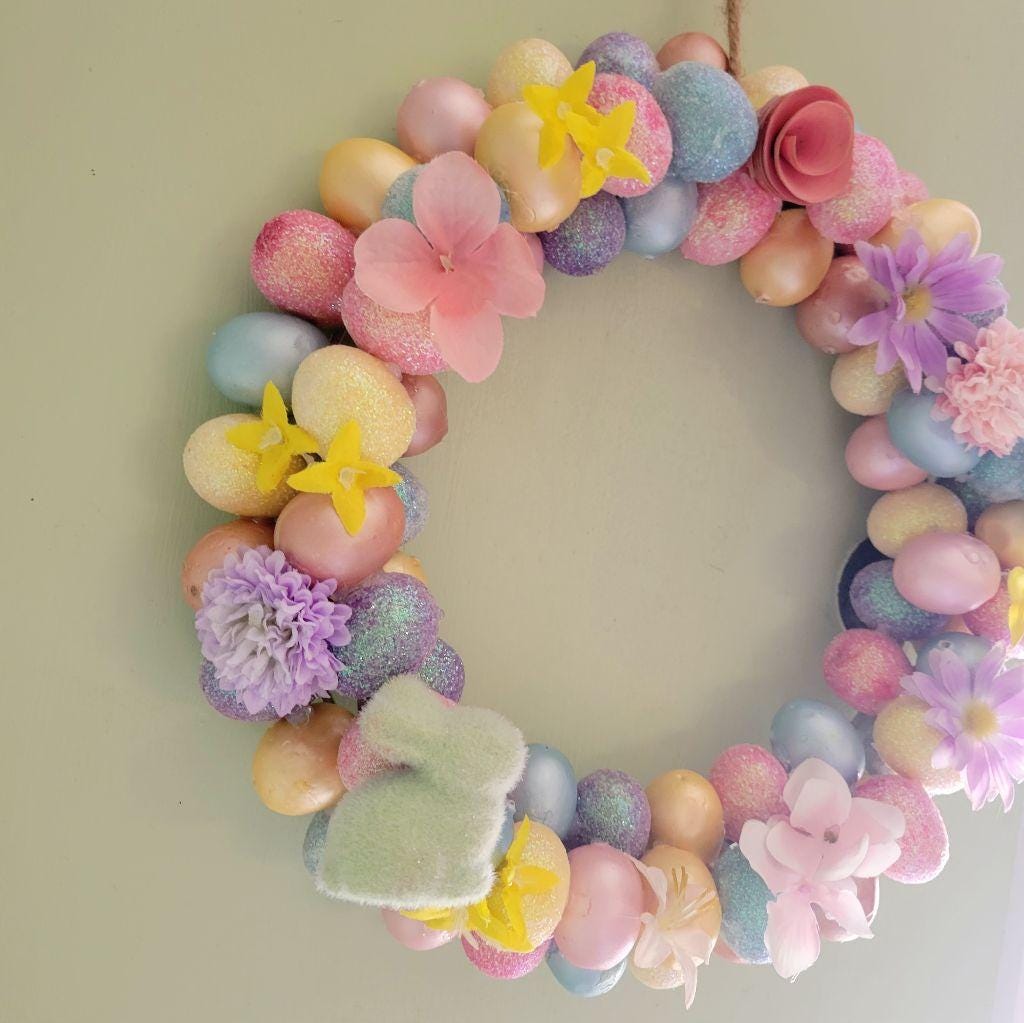 Handmade 12" Easter Spring wreath with artificial eggs, flowers & rabbits