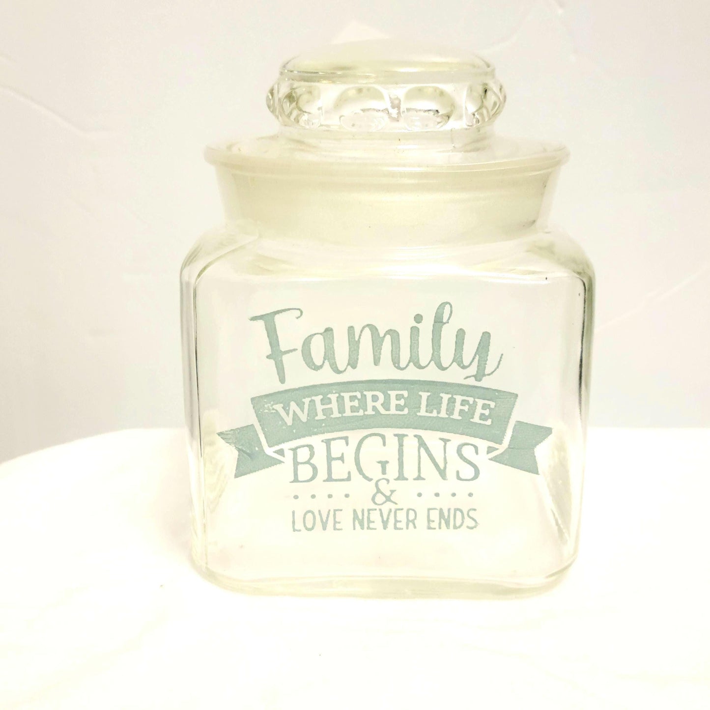 Decorative Family Quote handpainted lidded glass jar home decor canister