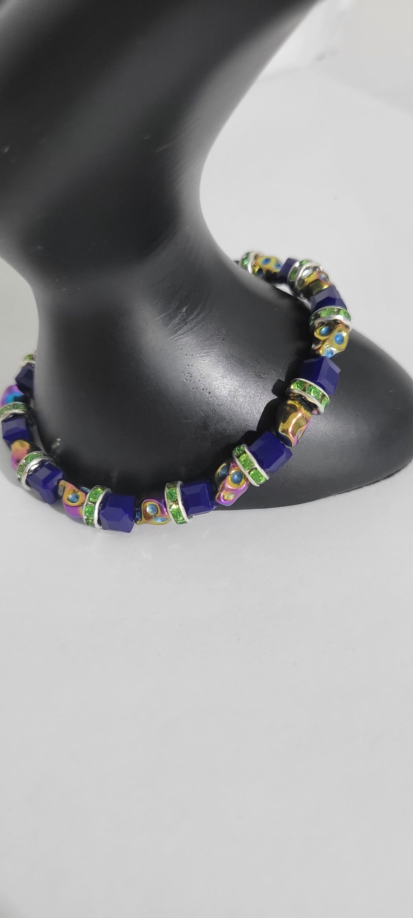 Hand crafted Halloween iridescent skull beaded bracelet