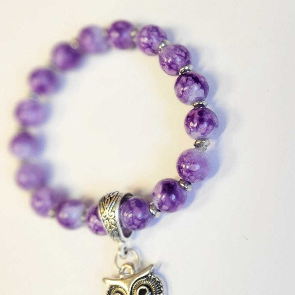 Purple Snowflake Beaded Silver Owl Charm 7" Stretch Bracelet