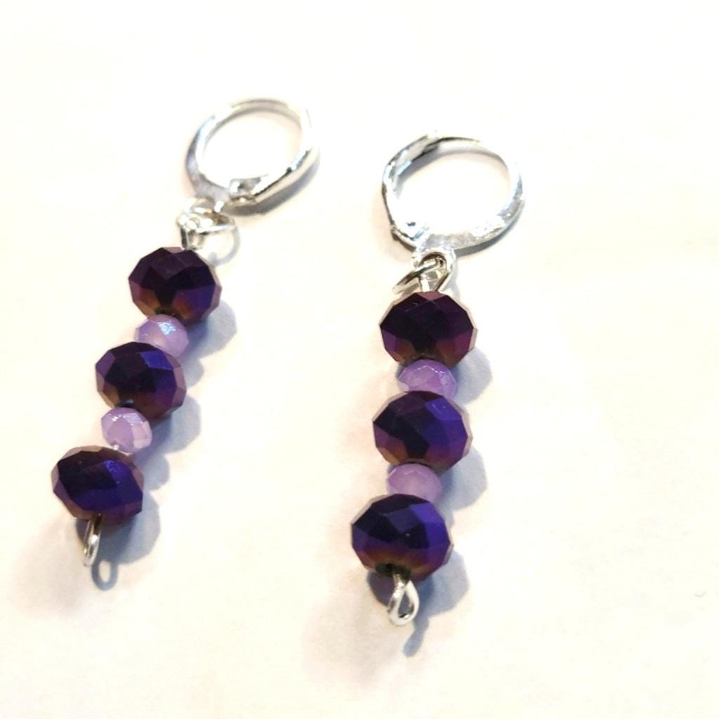 Purple Metallic & Lilac Faceted Beaded Dangle Drop Earrings 925 Stamped