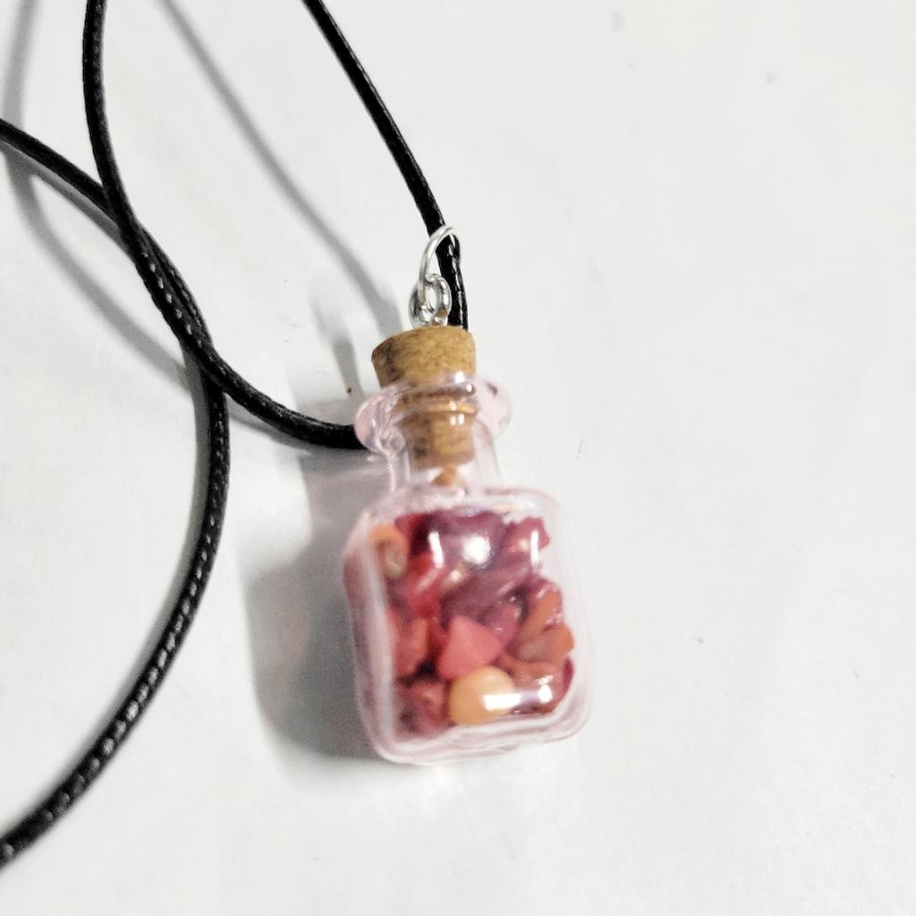 Hand crafted natural red coral crystal mini wish bottle pendant necklace