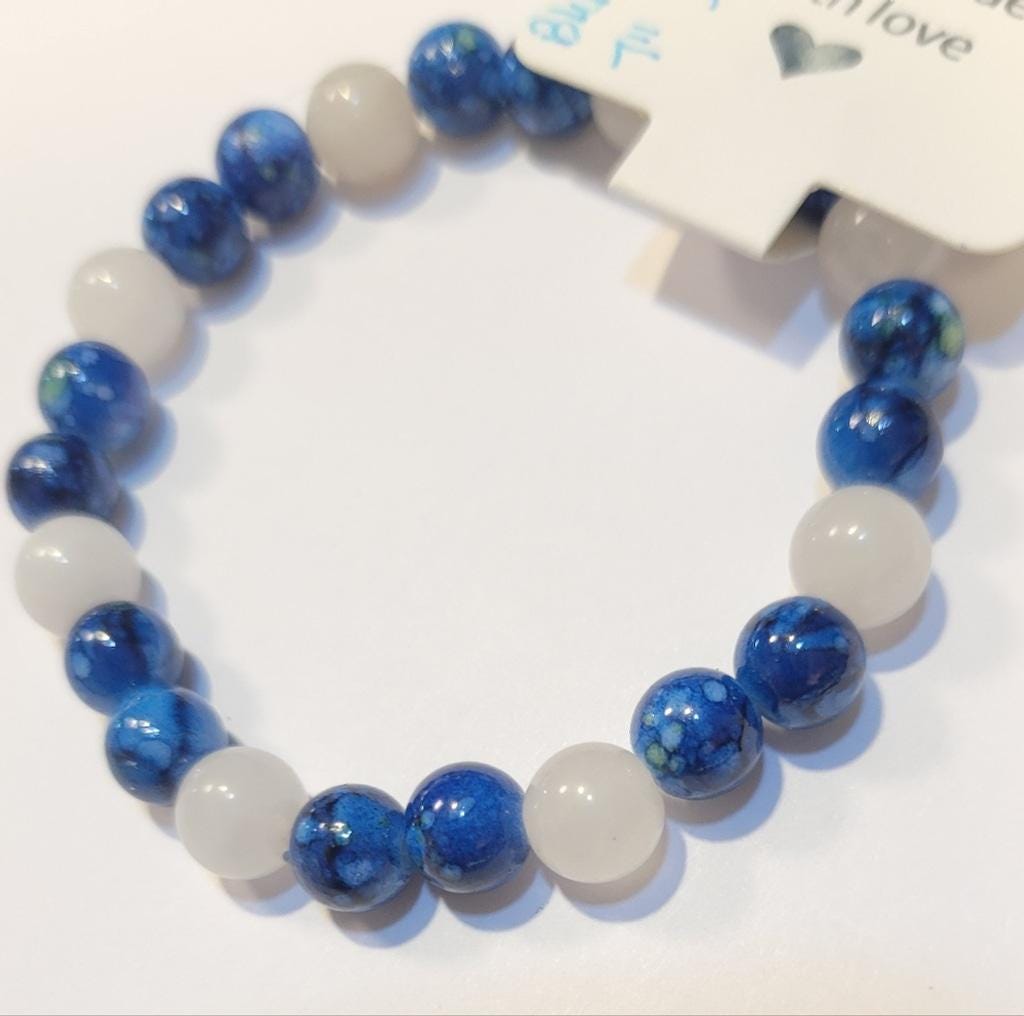 Natural Crystal Blue Vein & Clear Quartz Beaded Bracelet 7"