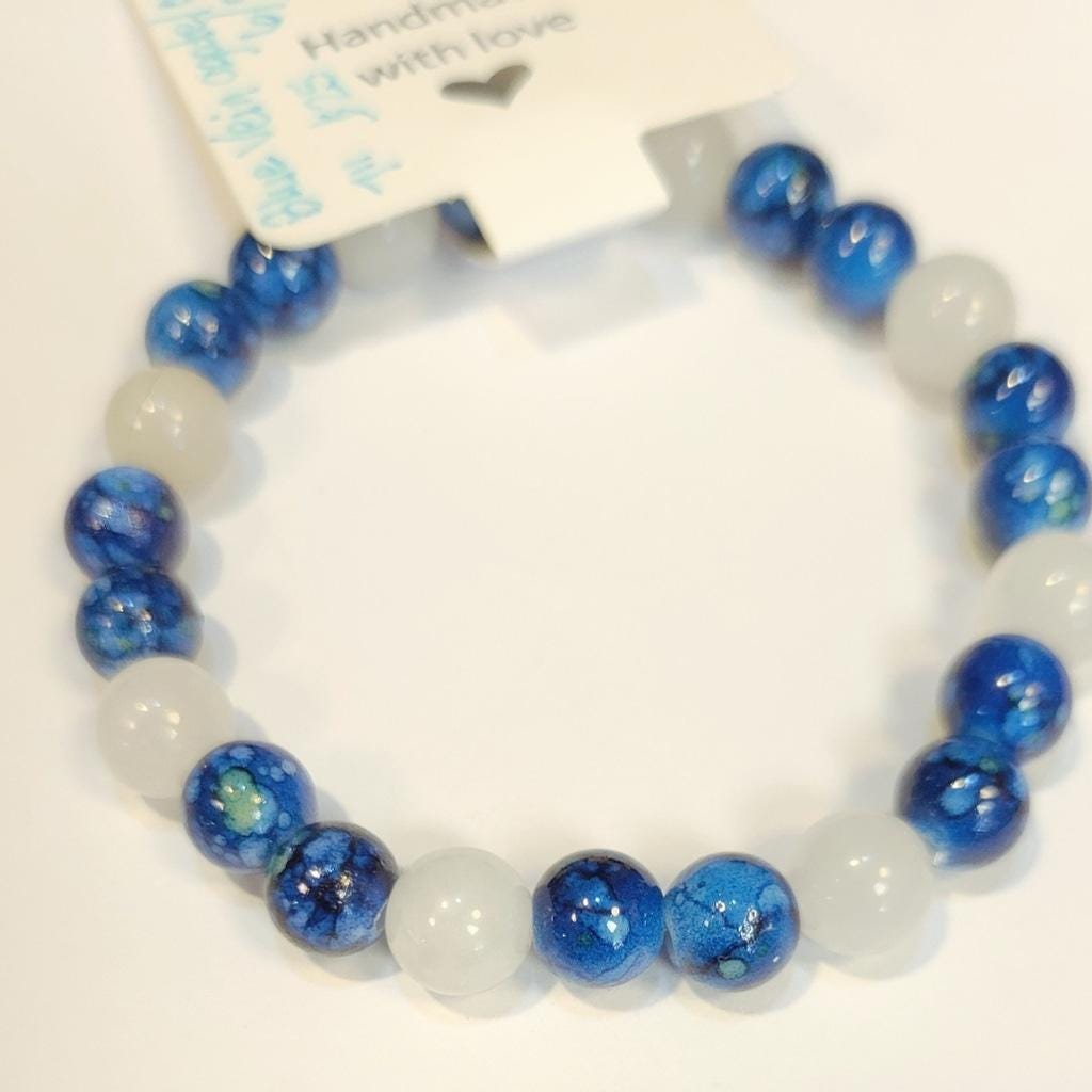 Natural Crystal Blue Vein & Clear Quartz Beaded Bracelet 7"