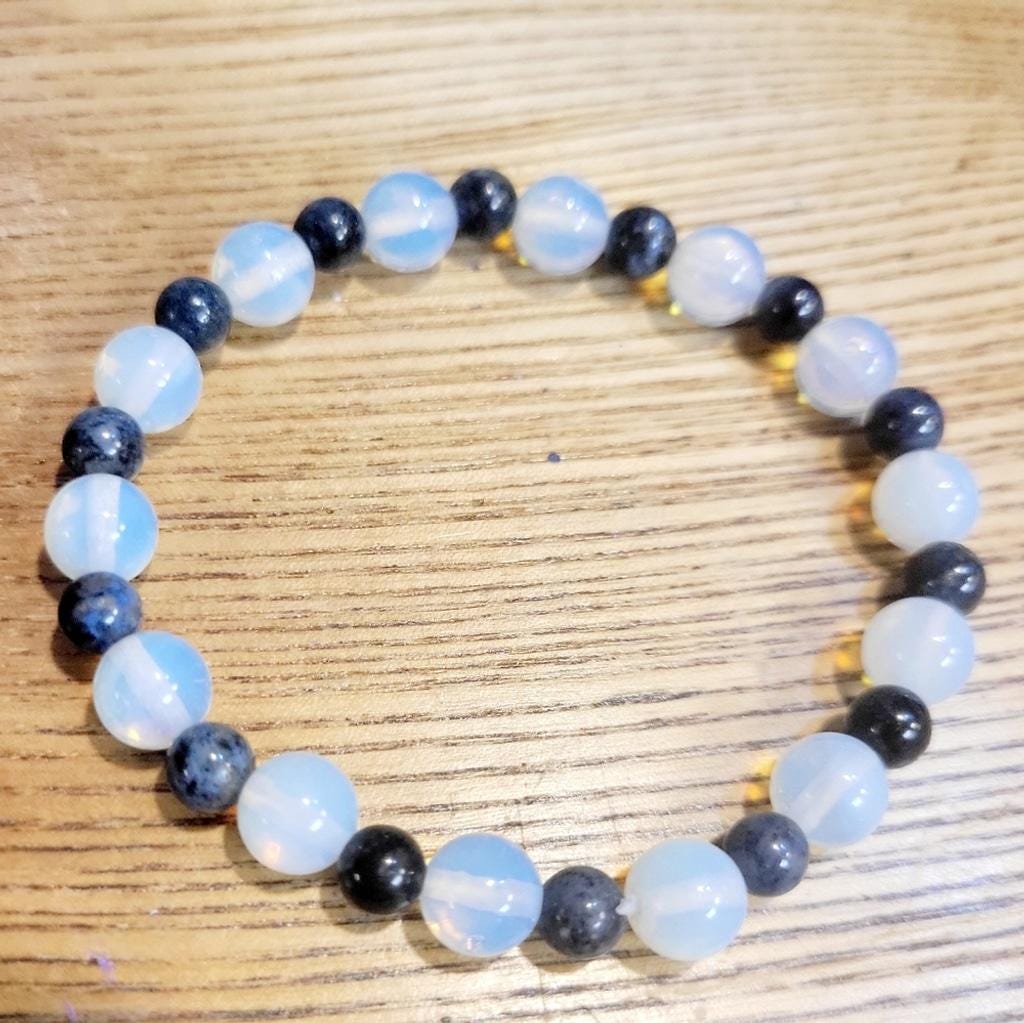 Natural Blue Dumortierite & Opalite crystal  stretch bracelet