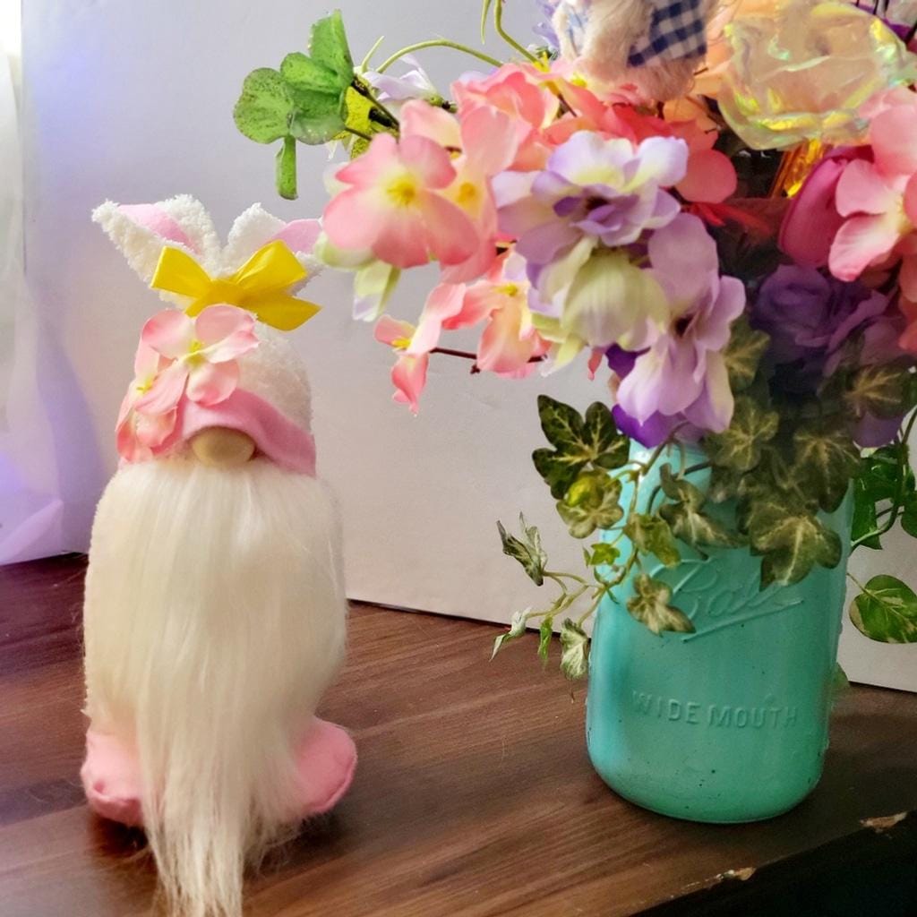 Pink Plumeria Flower Easter Bunny Spring Time Gnome