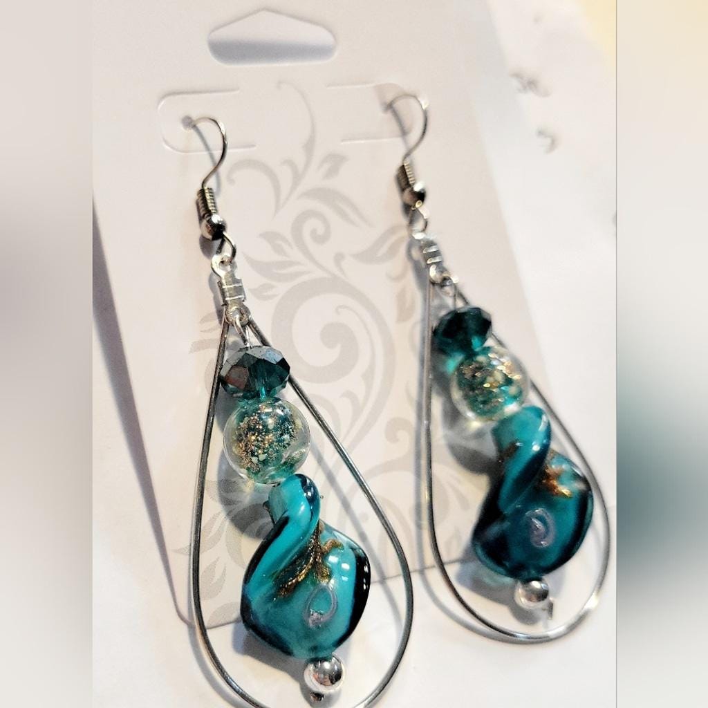 Twisted Teal, Gold, and Silver Drop Dangle Beaded Earrings