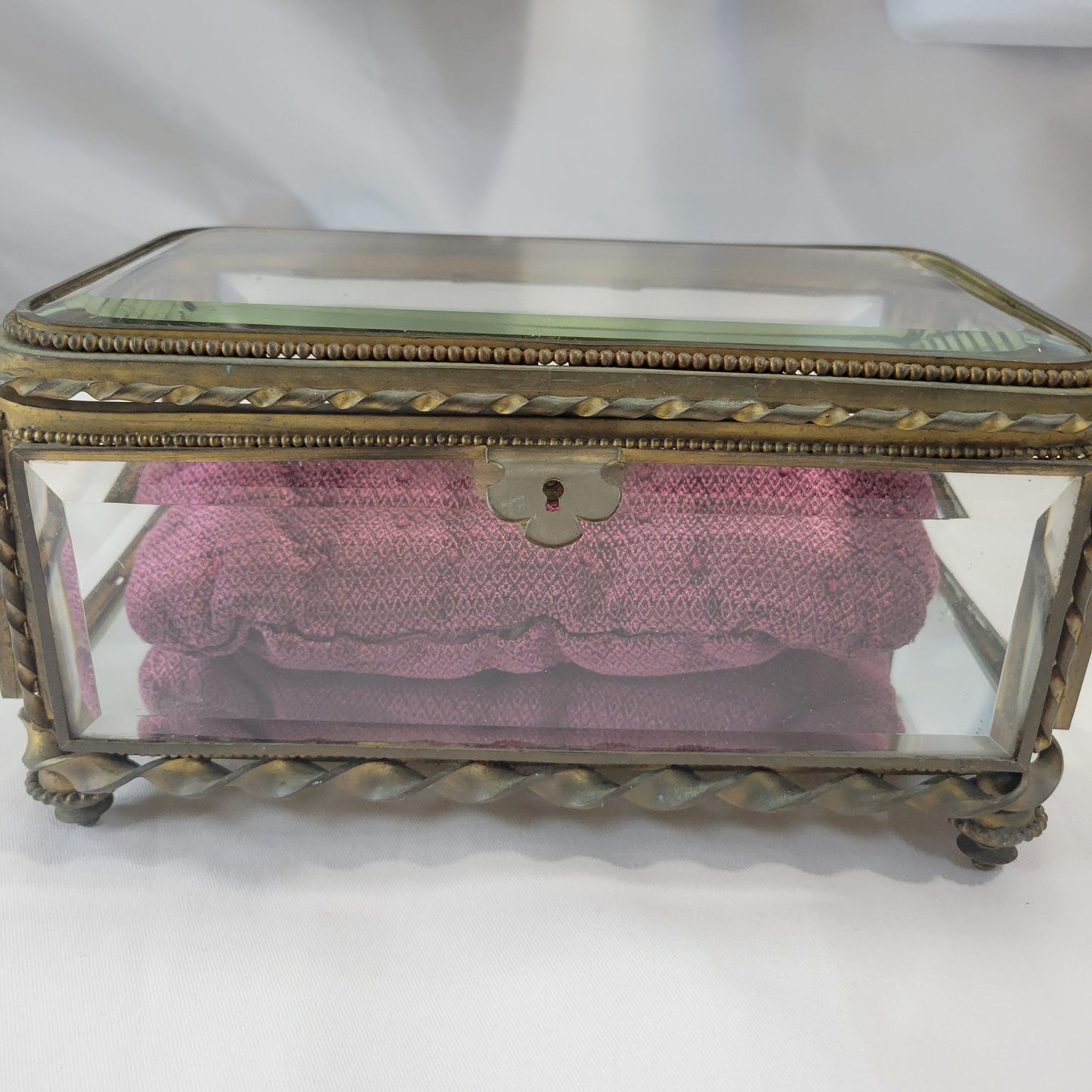 Antique French brass and glass footed jewelry box