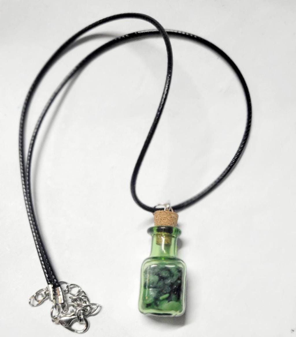 Hand crafted natural Ruby Zoisite crystal mini wish bottle pendant necklace