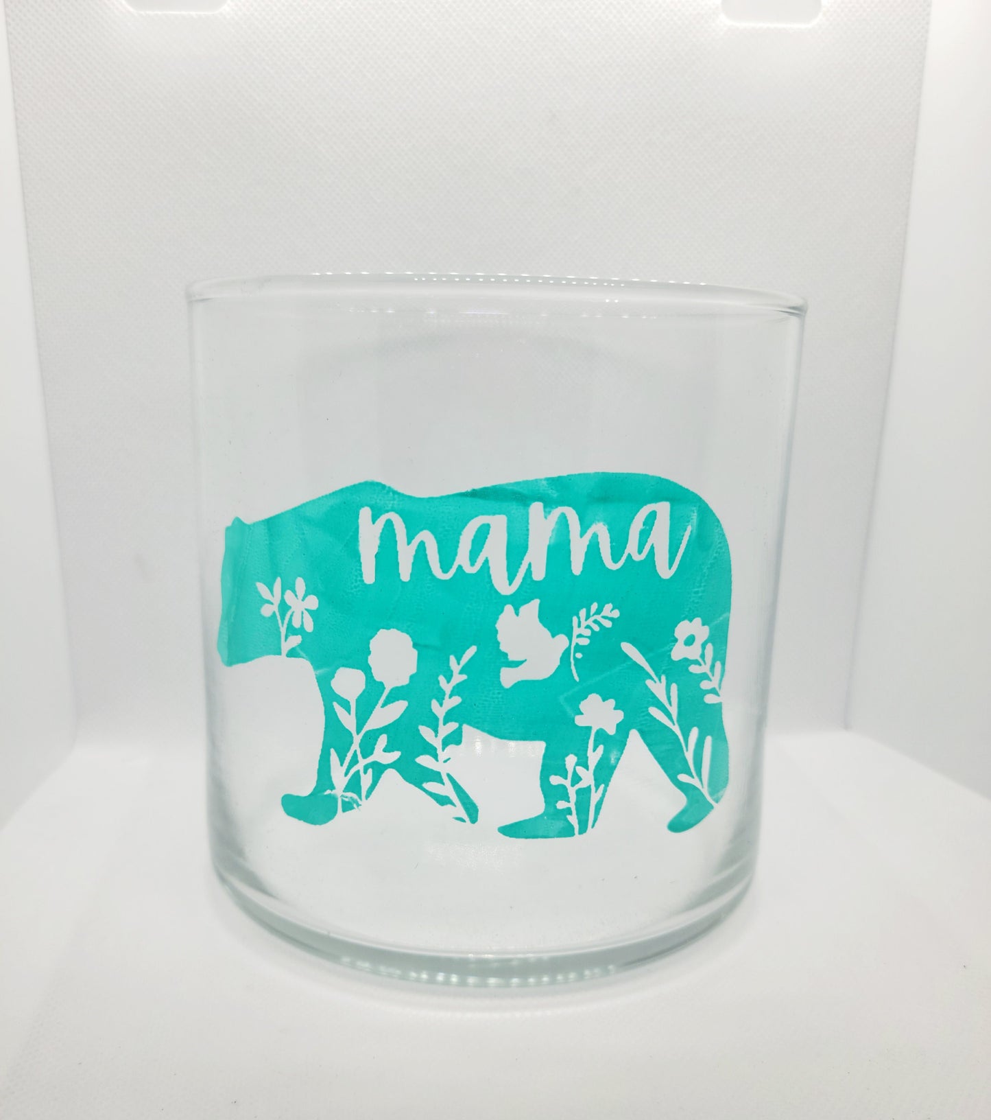 Handpainted Mama Bear Glass Candle Jar: Turquoise Bear Design