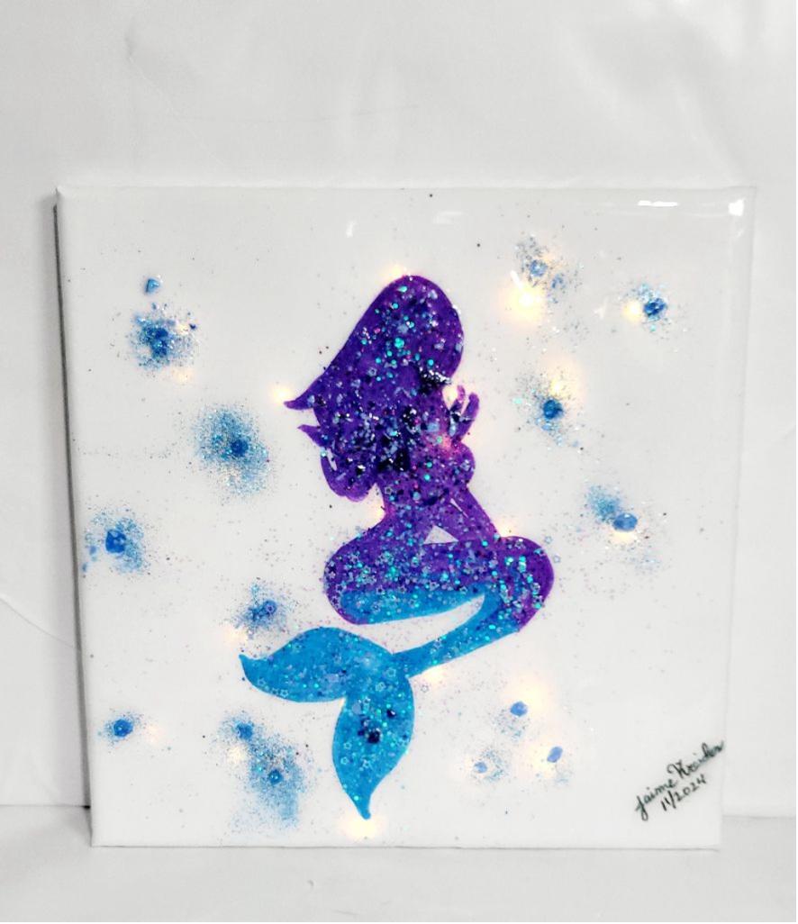 Hand crafted handpainted mermaid abstract glitter and crushed glass resin canvas