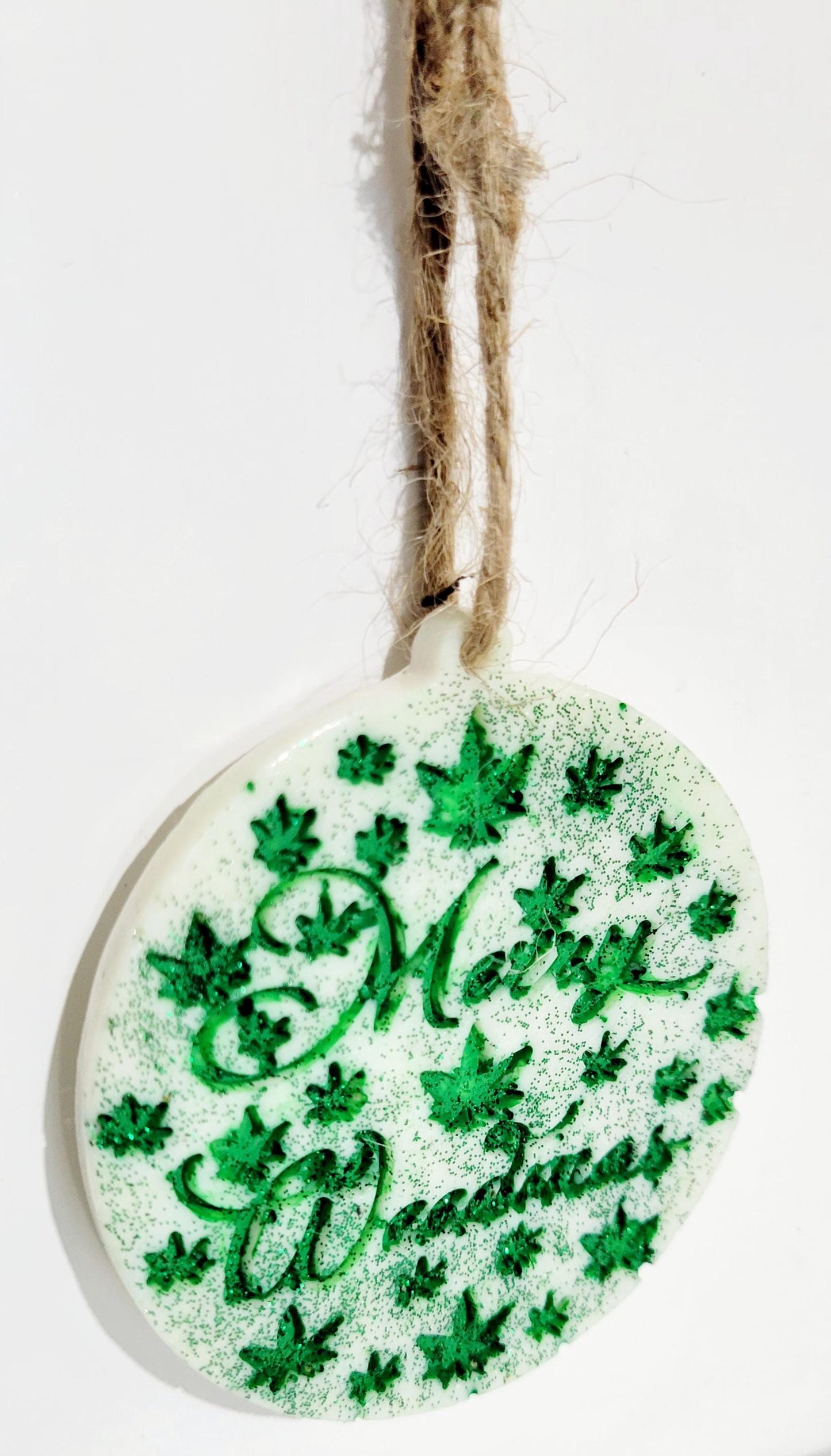 Green and White Hand Crafted Merry Weedmas Holiday Ornament