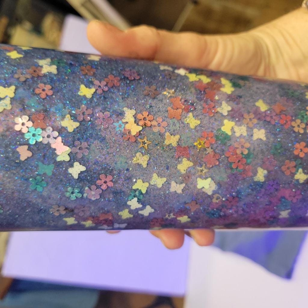 Hand Crafted Purple Glitter 30 Oz Tumbler Butterfly Floral Accents